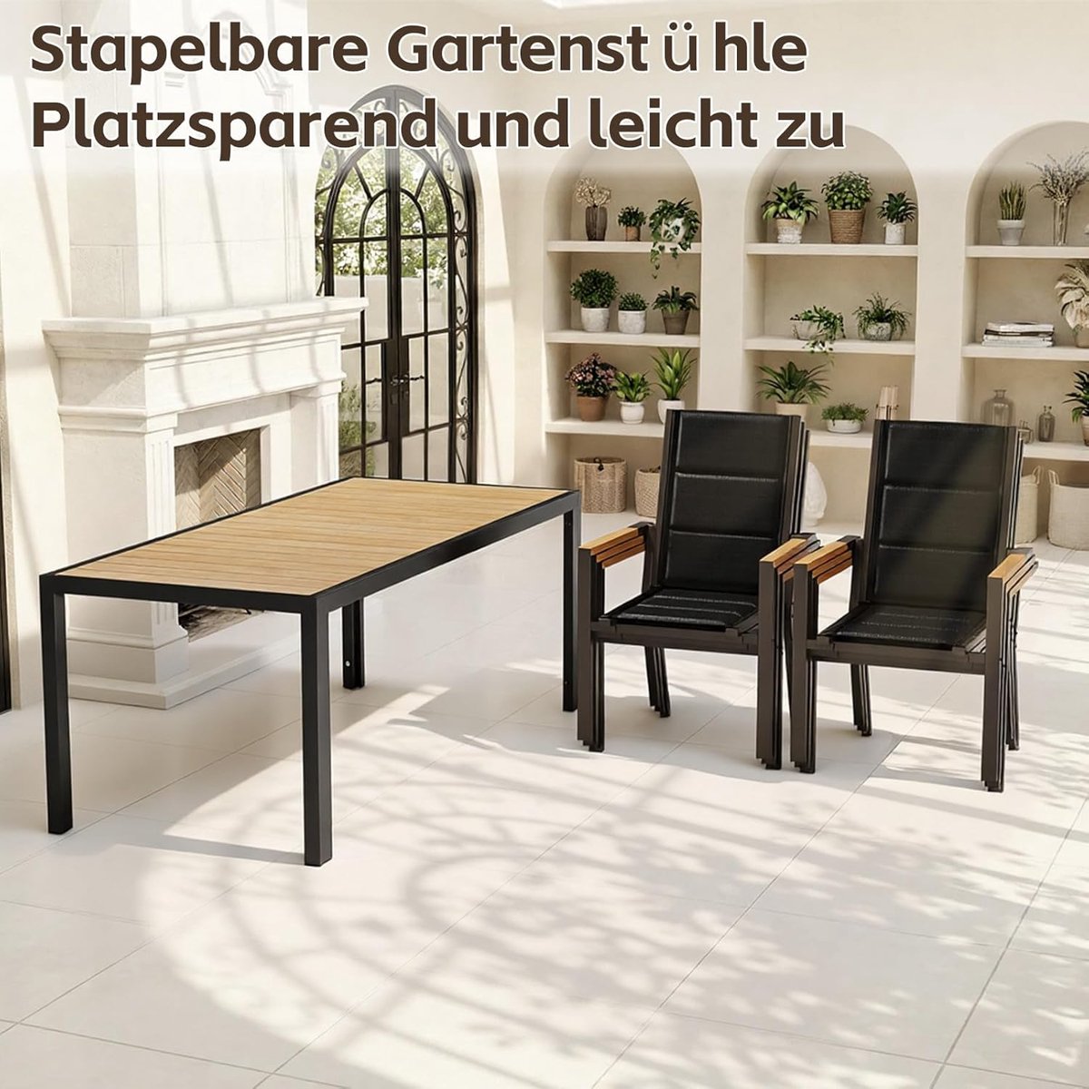 Tuinmeubelset 6 Personen 150x80x72 cm Aluminium Tuintafel met 6 Stapelbare Stoelen – Houtlook Armleuningen – Weerbestendig & Onderhoudsarm – Bruin – Nicolehome