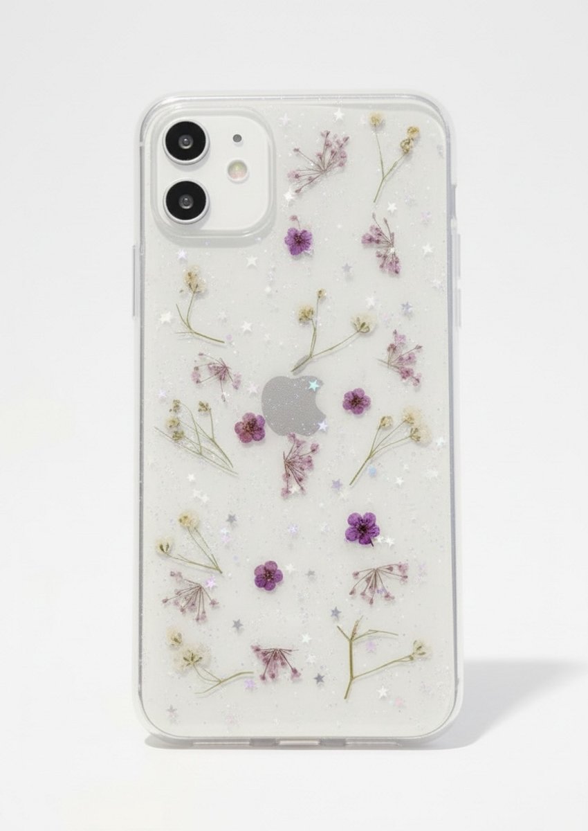 Iphone 15 telefoonhoesje - gedroogde bloemetjes - paars