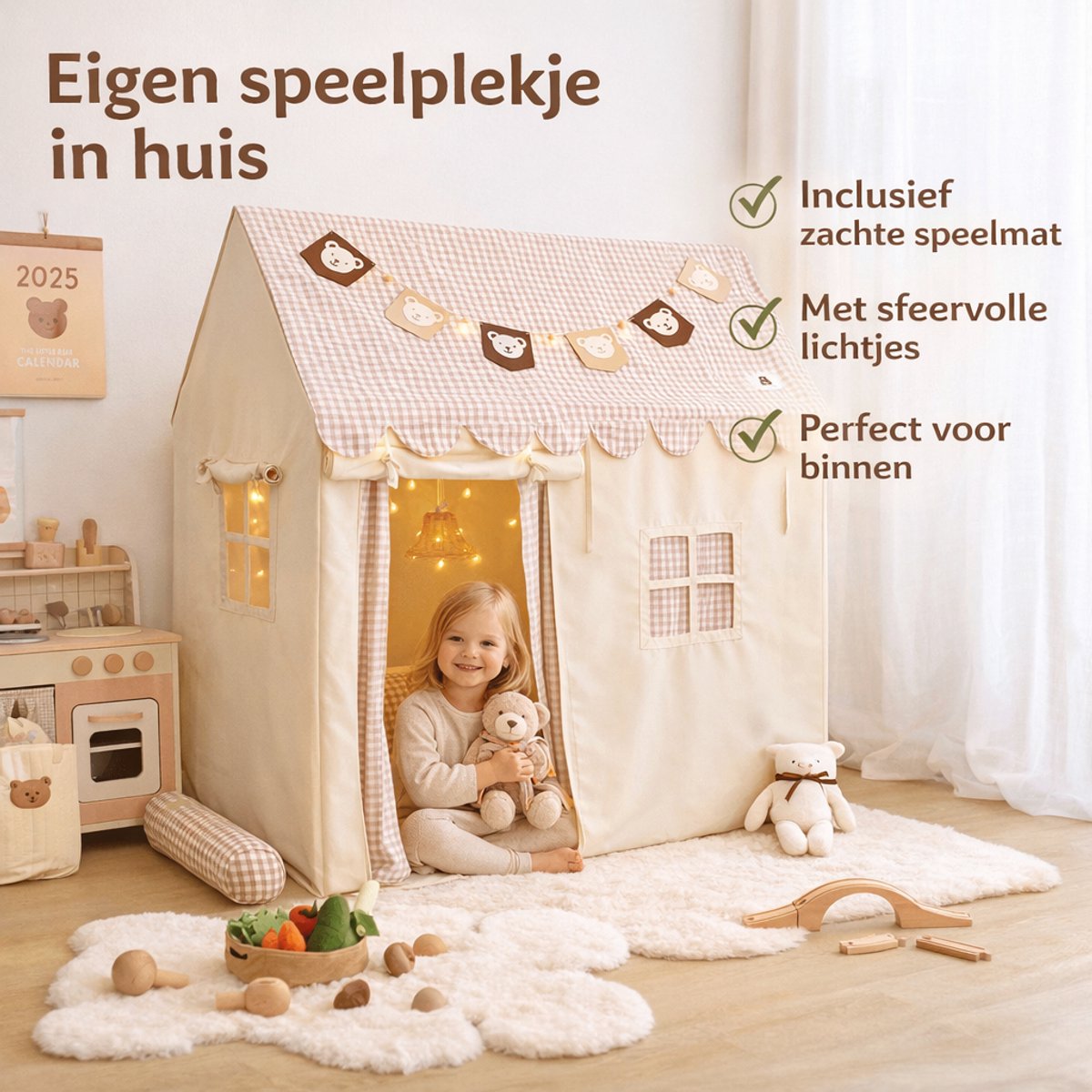 Fluvio Speeltent Kinderen – Speelhuisje Binnen met Lichtjes, Speelmat & Gordijntjes – Tipi Tent Jongens en Meisjes – Kinder Tent Beige - 120x80x128 cm — afbeelding 2