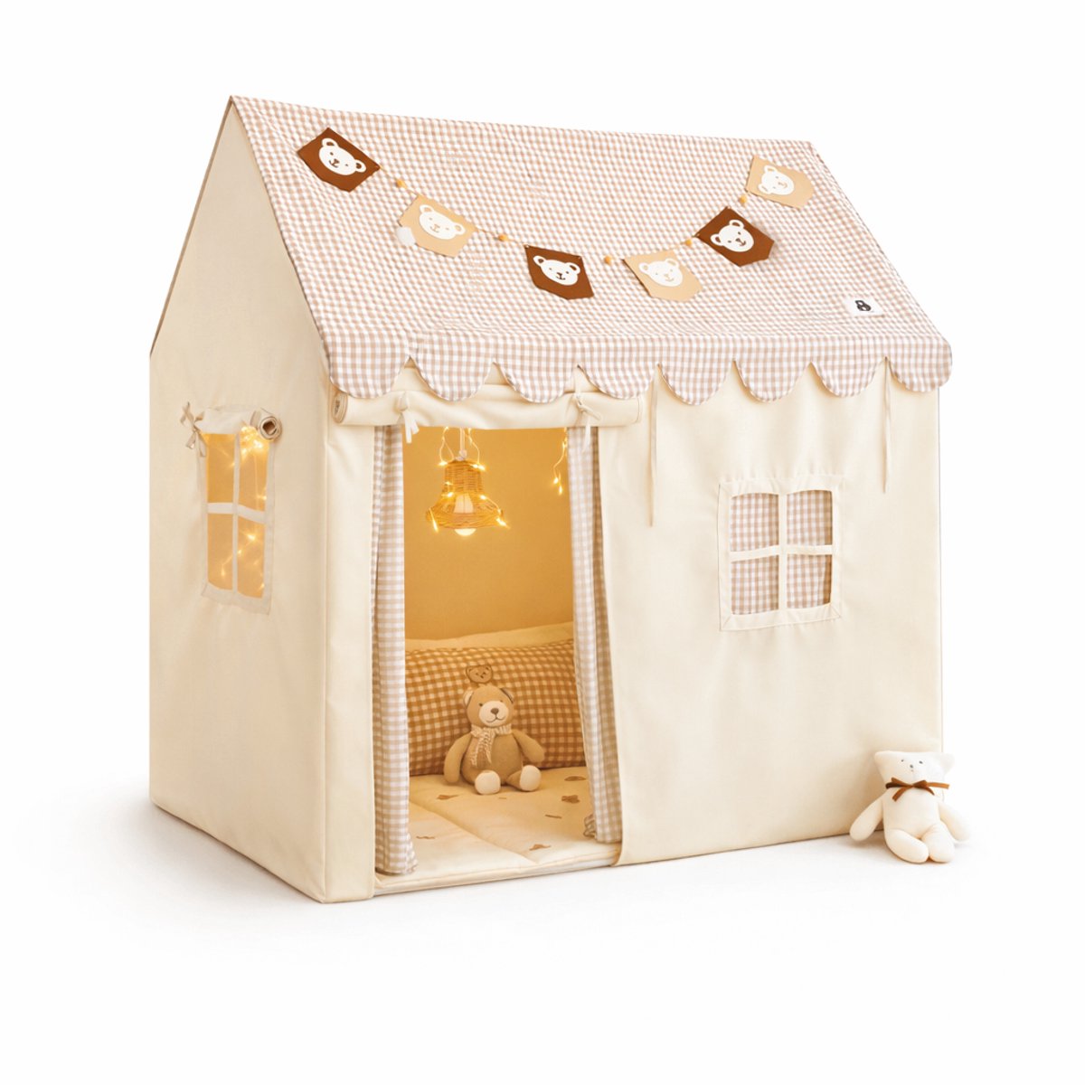 Fluvio Speeltent Kinderen – Speelhuisje Binnen met Lichtjes, Speelmat & Gordijntjes – Tipi Tent Jongens en Meisjes – Kinder Tent Beige - 120x80x128 cm