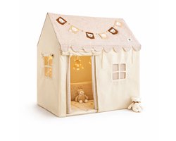 Fluvio Speeltent Kinderen – Speelhuisje Binnen met Lichtjes, Speelmat & Gordijntjes – Tipi Tent Jongens en Meisjes – Kinder Tent Beige - 120x80x128 cm