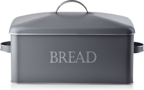 Boîte à pain grise, métal, avec poignées et l'inscription 'BREAD'.