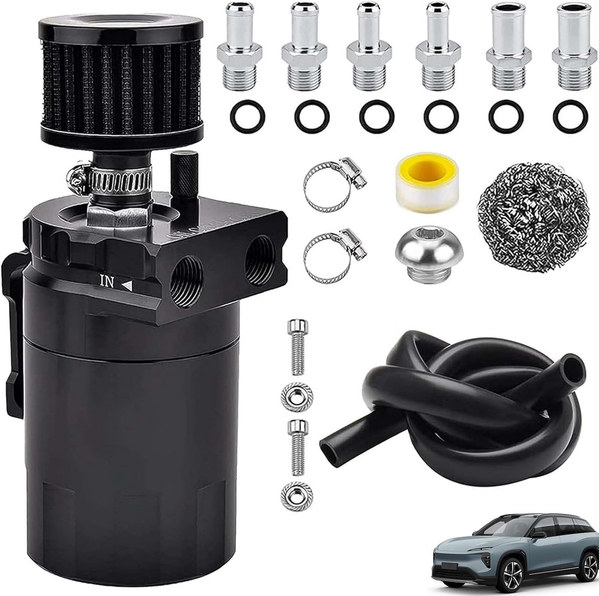 Oil Collector met Luchtfilter - 300 ml - Auto Oil Reservoir Kit - Universele Aluminium Oil Collector - Opslagtank Set - Auto Reservoir Tank voor de meeste Auto's - Zwart
