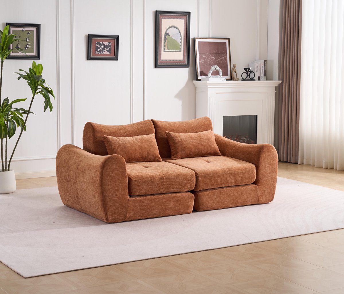 Multifunctionele chenille slaapbank – modulair en opvouwbaar ontwerp – 2 kussens en armleuningen – comfortabele 2-in-1 bank en bed – geschikt voor 2 personen – bank, chaise longue en logeerbed – ideaal voor appartement en kleine ruimtes – Oranje
