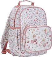 Sac à dos rose avec imprimé floral et de fées. Poche avant avec fées, coccinelle, abeille et libellule.
