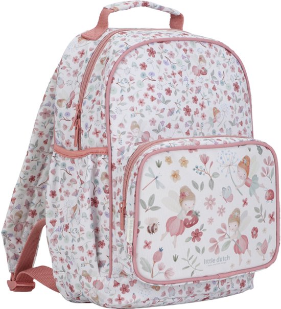 Sac à dos rose avec imprimé floral et de fées. Poche avant avec fées, coccinelle, abeille et libellule.