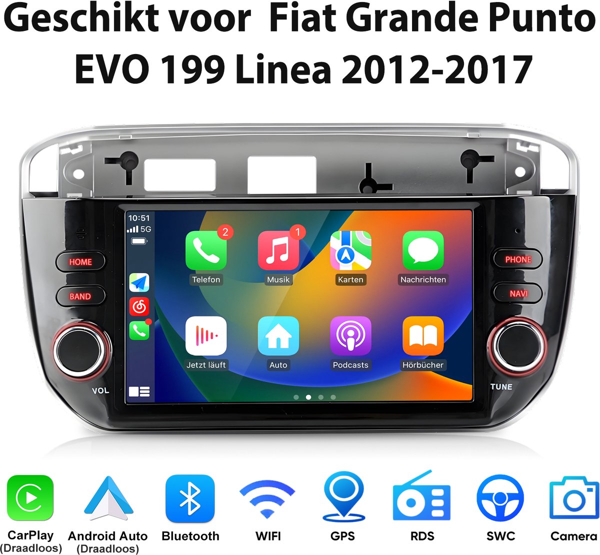 JUNSUN Android 15 Autoradio Geschikt voor Fiat Grande Punto EVO 199 Linea 2012-2017 - 7 inch IPS Scherm, Draadloos CarPlay & Android Auto, Bluetooth, GPS-navigatiesysteem, USB, 2 GB+64 GB, Stuurwielbediening, WiFi & FM, RDS, DSP, Octa-core processor