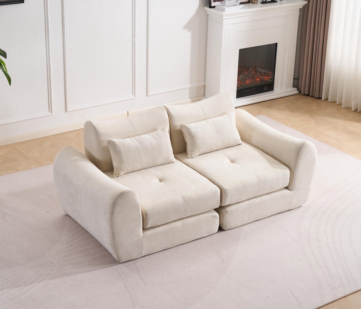 Multifunctionele chenille slaapbank – modulair en opvouwbaar ontwerp – 2 kussens en armleuningen – comfortabele 2-in-1 bank en bed – geschikt voor 2 personen – bank, chaise longue en logeerbed – ideaal voor appartement en kleine ruimtes – Crèmewit