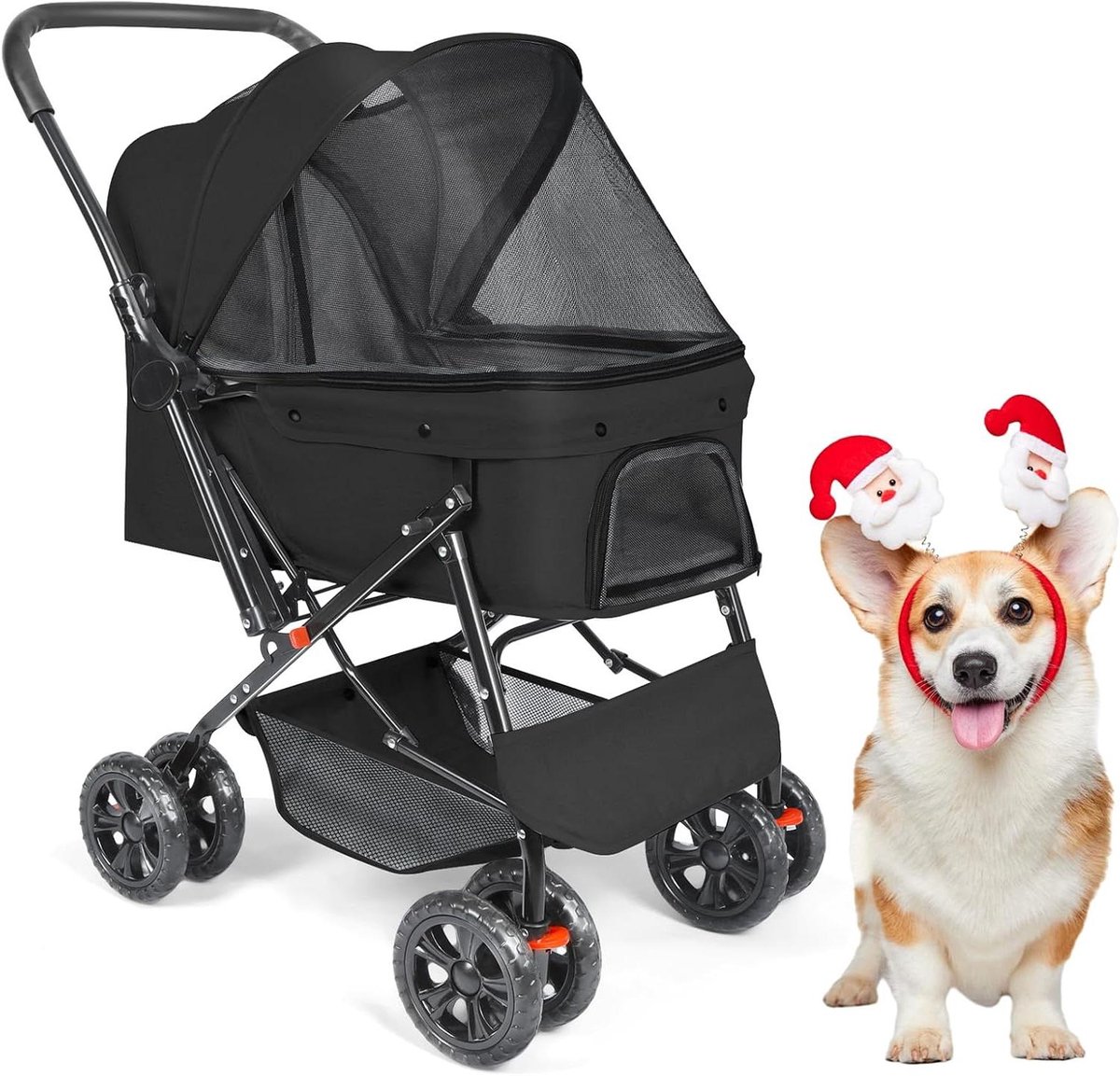 Huisdier Wandelwagen - Hondenbuggy - Comfortabel Reizen - Omkeerbaar Stuur - 6 kg - Zwart