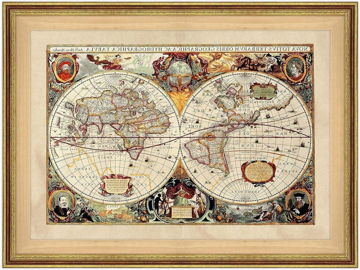 Wereldkaart Poster - Antieke Kaart - Wanddecoratie - Massief Houten Frame - 70 x 100 cm - Goudbruin