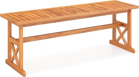 Houten bank met lattenzitting en kruisvormige poten.