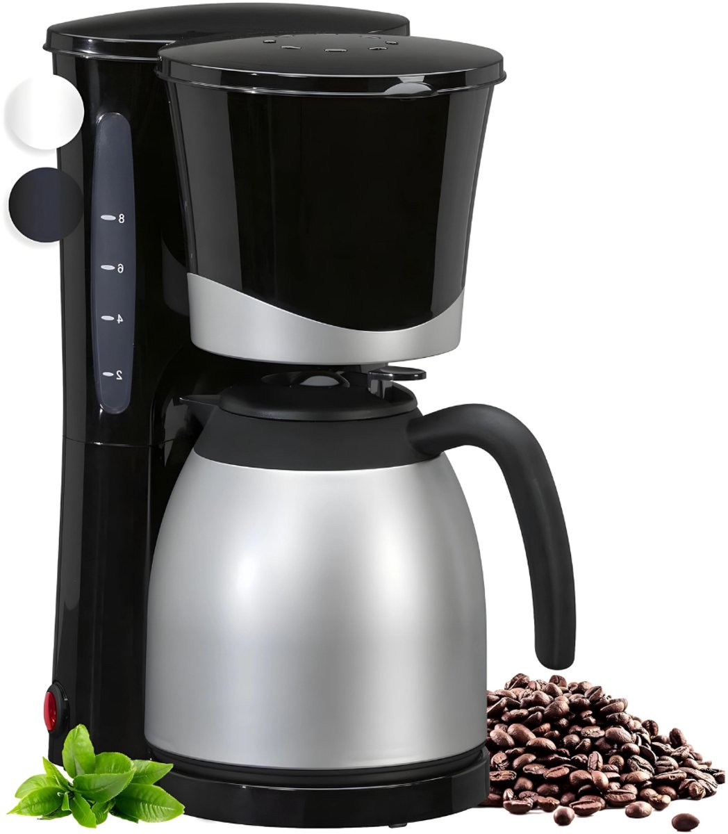 RONN® Koffiezetapparaat met Thermoskan - Koffiezetapparaat voor 10 Kopjes - Anti Drup - 1L - RVS - Zilver/Zwart - 21cm x 19cm x 34cm