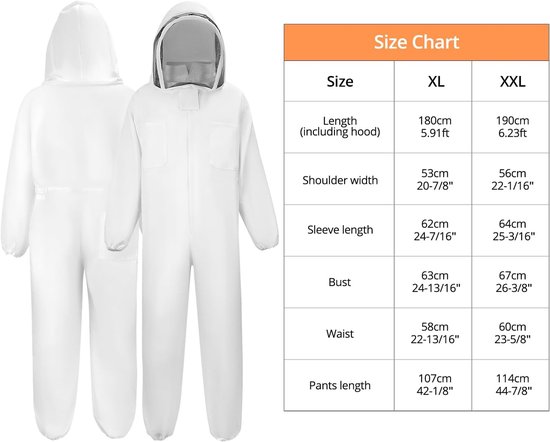 Wit imkerpak met klamboe kap, naast een maattabel voor maat XL en XXL.