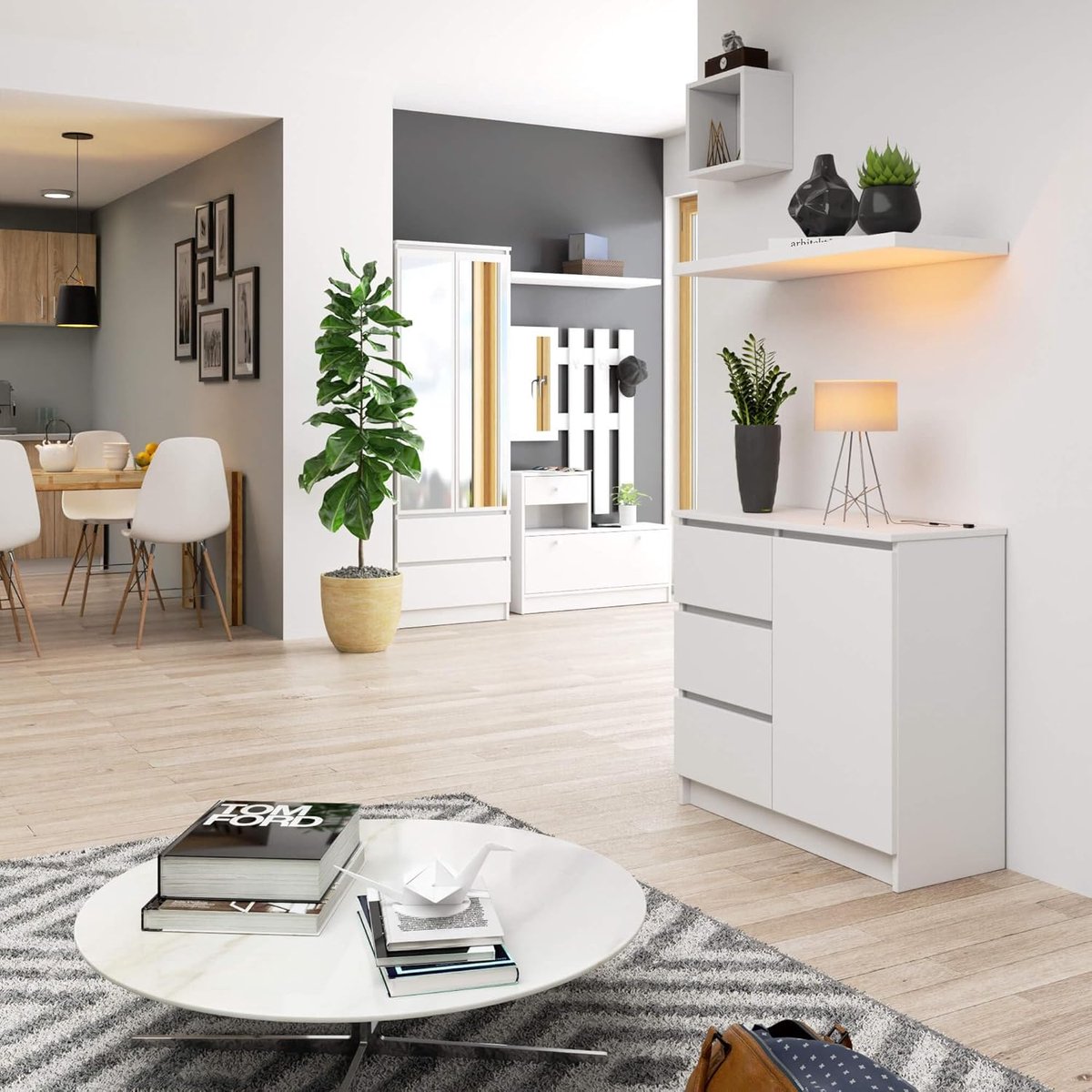 Commode met 3 Laden en Deur 80x35x77 cm – Dressoir Opbergkast met Planken – Houten Ladekast voor Slaapkamer, Woonkamer en Kantoor Sonoma wit – Urbanhome