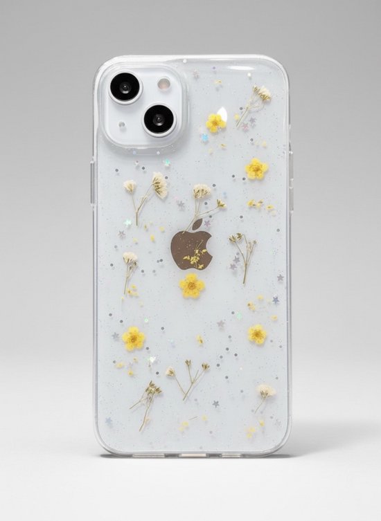 L-FADNUT Hoesje Voor IPhone 15 – Transparant Met Echte Gedroogde Bloemen En Glitter, Schokbestendig, Siliconen Bumper, Handgemaakt