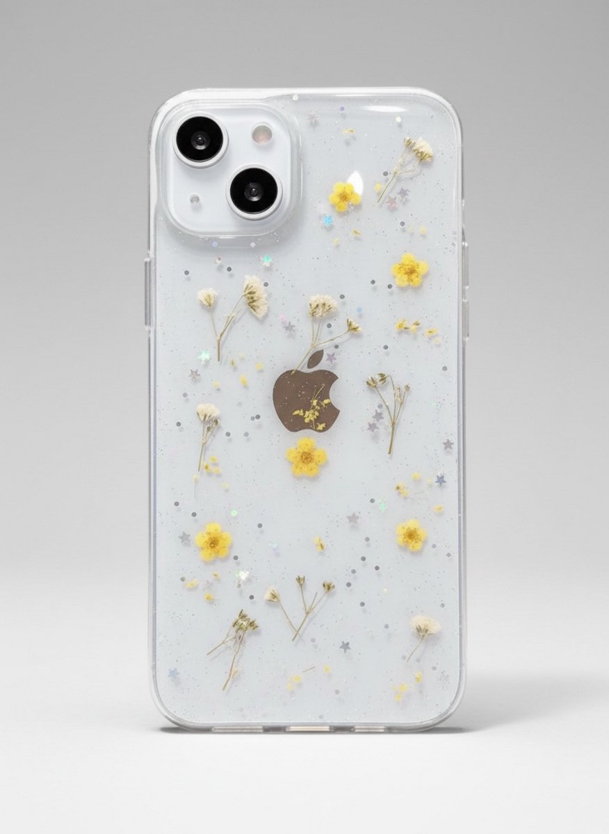 Iphone 15 telefoonhoesje - gedroogde bloemetjes - geel