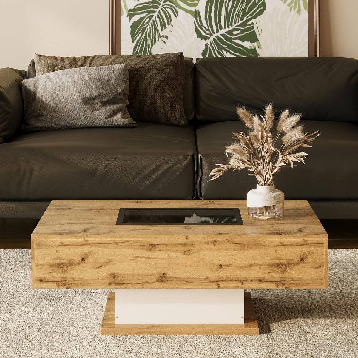 Salontafel met LED verlichting en glasplaat 110x60x40 cm woonkamertafel met 2 lades en open opbergruimte moderne koffietafel met kleurwisselend licht eiken wit Urbanhome