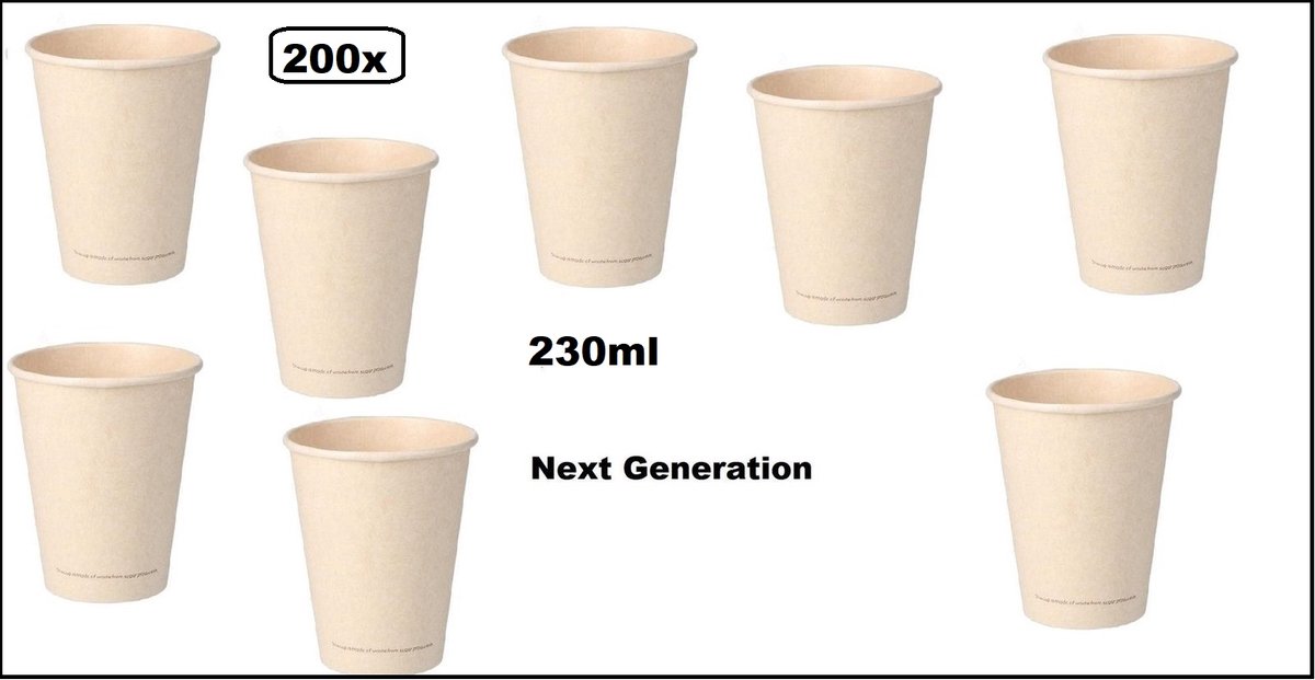 200x Koffiebeker van suikerriet 230ml next generation - koffie beker thee koude en warme dranken 100% afbreekbaar next generation
