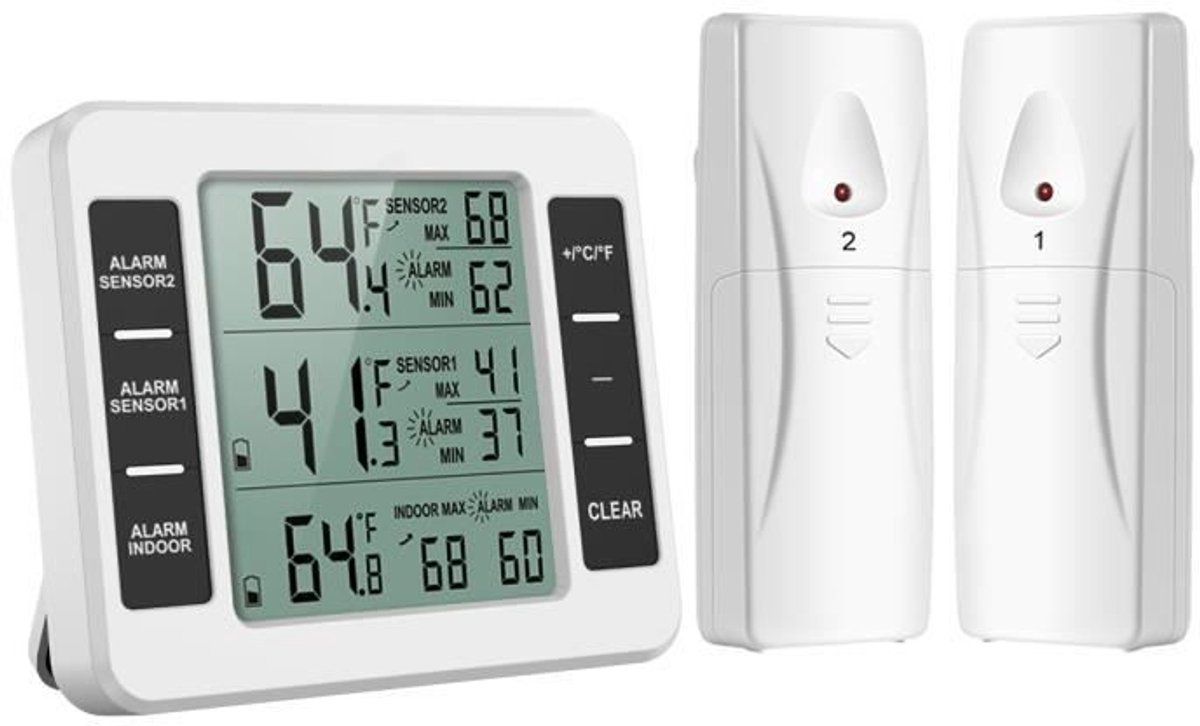 Vriezerthermometer, draadloze koelkastthermometer met 2 sensoren, geeft de maximale/minimale temperatuur weer.
