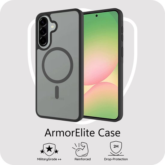 Transparante zwarte ArmorElite hoes met MagSafe-ring, naast een Samsung telefoon. Logo's voor militaire kwaliteit, versterking en valbescherming.