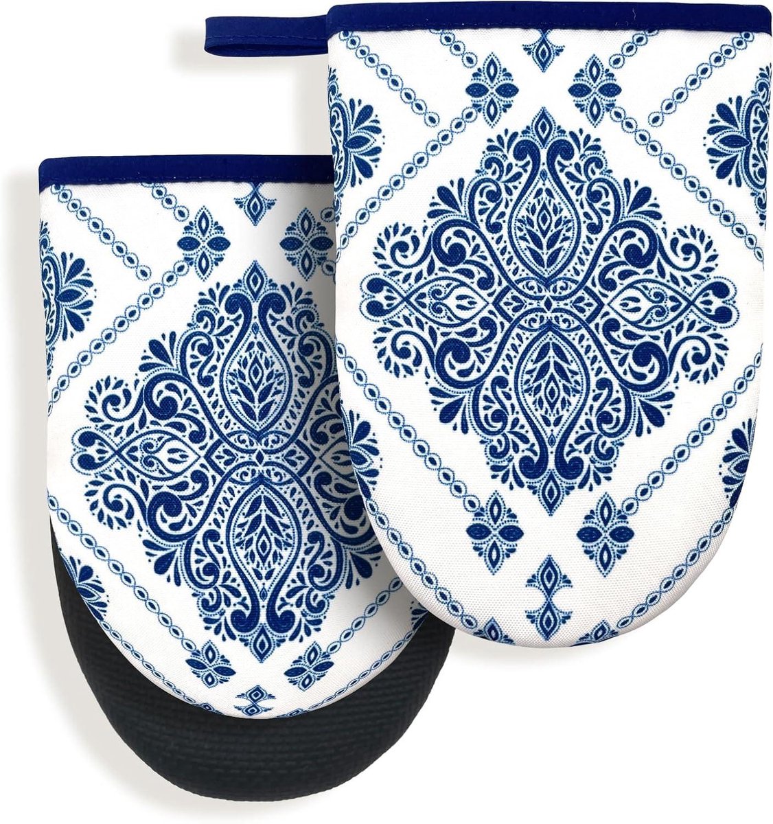 Mini Ovenwanten - Keukenhandschoenen Set - Veilig Koken - Hittebestendig Katoen Siliconen - 20 x 15 cm - Marineblauw Bloemetje