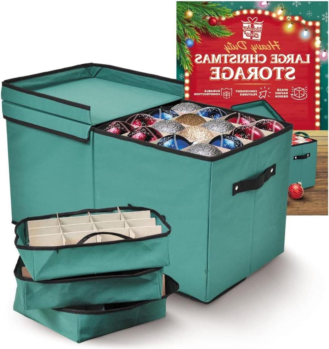 Kerstversiering Opslag - Ornamenten Doos - Seizoensdecoratie Opbergen - 128 Vakjes Met Trays - 25.5 x 12.7 x 13.5 inch