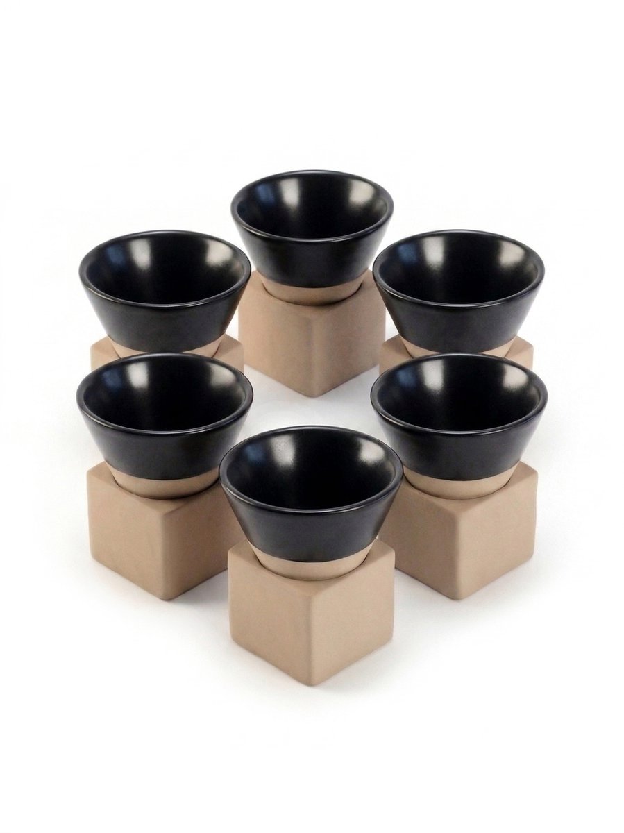 Proefer 6x Zwart Keramieken Kopje 190ml – Cilindervorm – Geglazuurde Afwerking – Design Koffiekopje met Vierkante Basis – Geschikt voor Espresso, Cappuccino & Thee