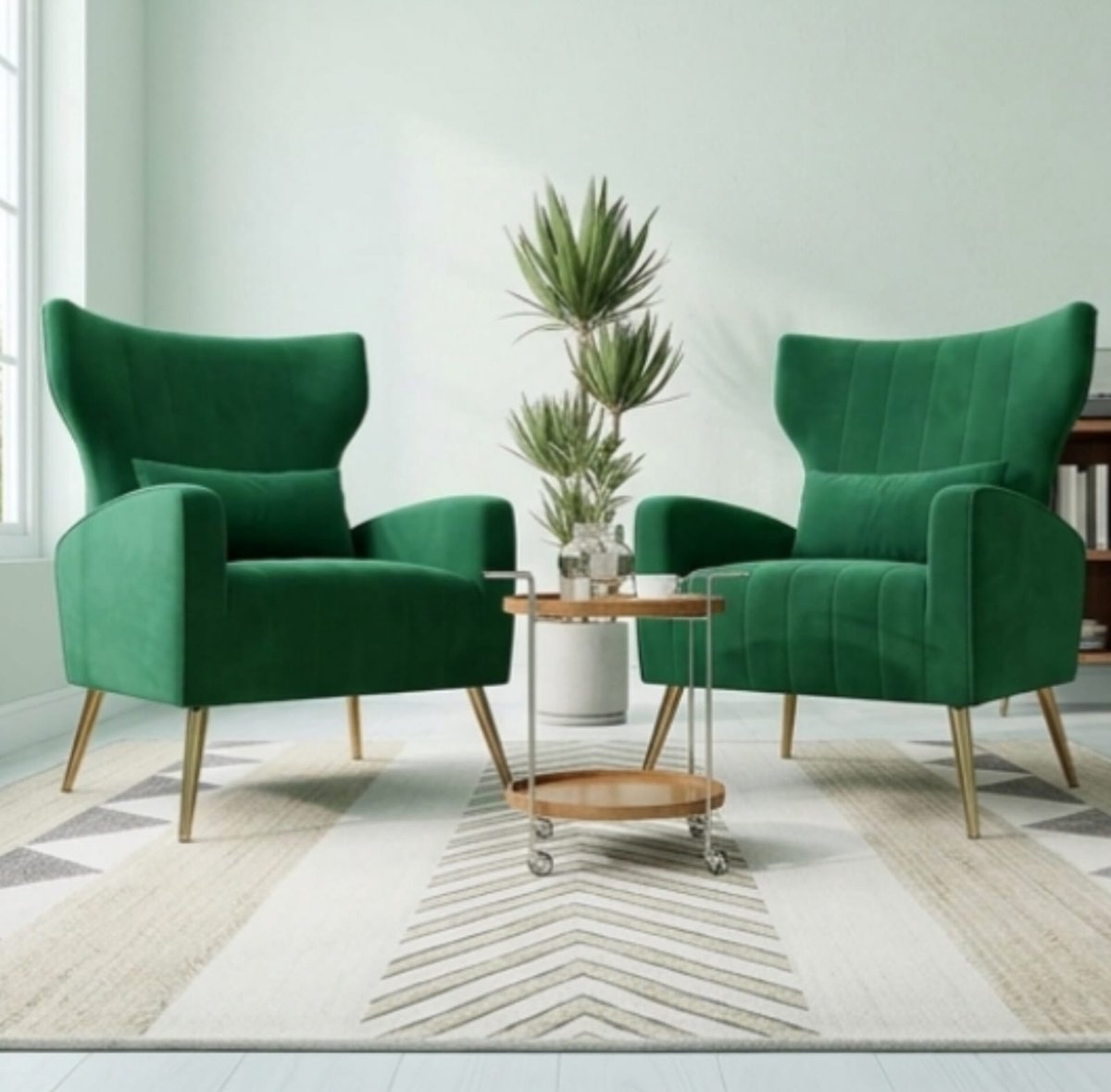 Relaxfauteuil Set van 2 103x69x58 cm – Fluwelen Fauteuil met Hoofdkussen & Gouden Metalen Poten – Oorfauteuil / Televisiestoel / Lounge Stoel – Groen – Urbanhome