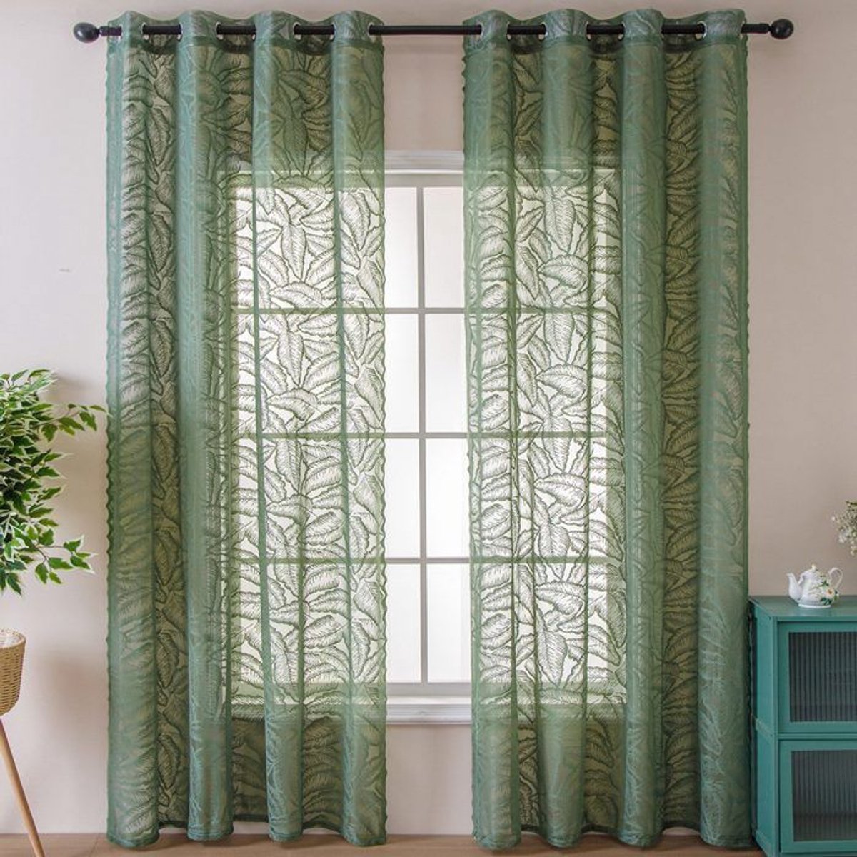 Transparante gordijnen met olijfbladmotief - 2 stuks, 140x100 cm, met ringen - geschikt voor raamdecoratie.