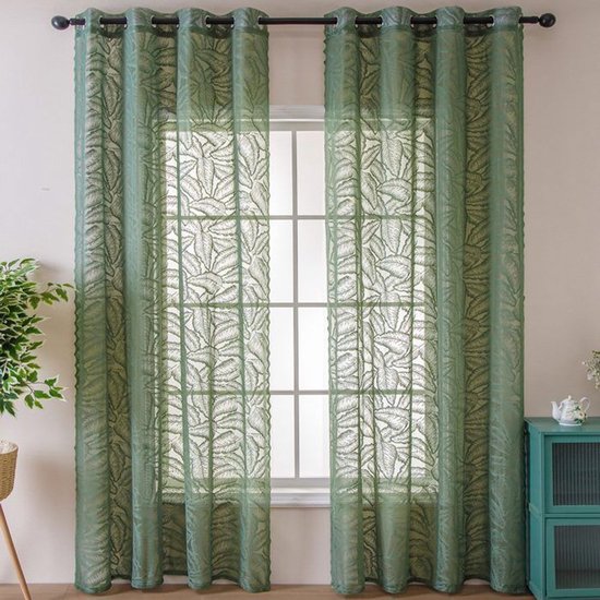 Transparante gordijnen met olijfbladmotief - 2 stuks, 140x100 cm, met ringen - geschikt voor raamdecoratie.