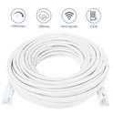 Een witte, opgerolde CAT6 UTP netwerkkabel van NexCable met aan beide zijden RJ45 connectoren. Icons voor 1000mbps, 250mhz, sterk signaal en CCA.