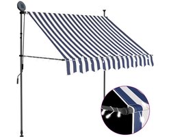 Handmatig Uitvalscherm met LED - 100 cm - Blauw & Wit Gestreept - Klemzonnescherm Zonder Boren - Verstelbare Hoogte (200-300 cm) - Solar Verlichting - Waterafstotend