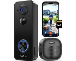 BOIFUN Video Deurbel met Camera – Draadloze deurbel – 2K HD – Inclusief Binnenbel & Batterijen & 64GB kaart – Zonder abonnement – AI-mensdetectie – Tweeweg Audio – Deurbel met camera