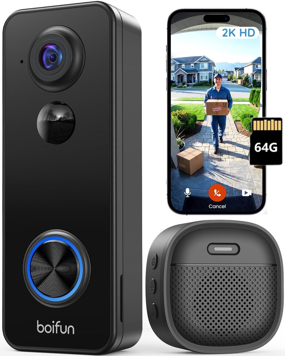 BOIFUN Video Deurbel met Camera - Draadloze deurbel - 2K HD - Inclusief Binnenbel & Batterijen & 64GB kaart - Zonder abonnement - AI-mensdetectie - Tweeweg Audio - Deurbel met camera