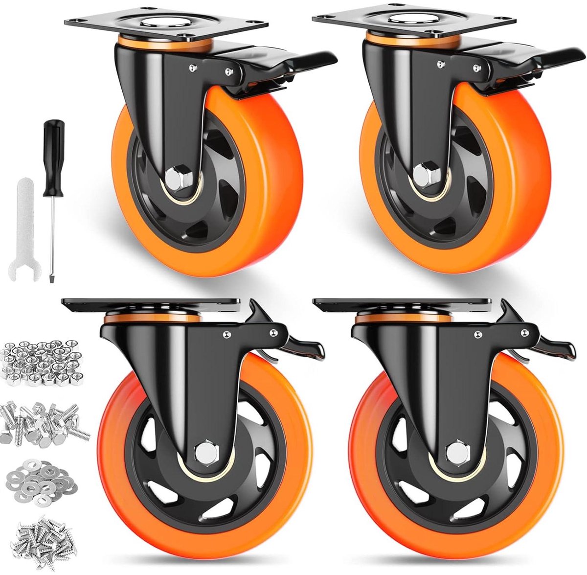 Zwenkwielen Set - Industriële Wielen - Meubels Verplaatsen - Dubbele Veiligheidsrem - 4 Inch - Oranje