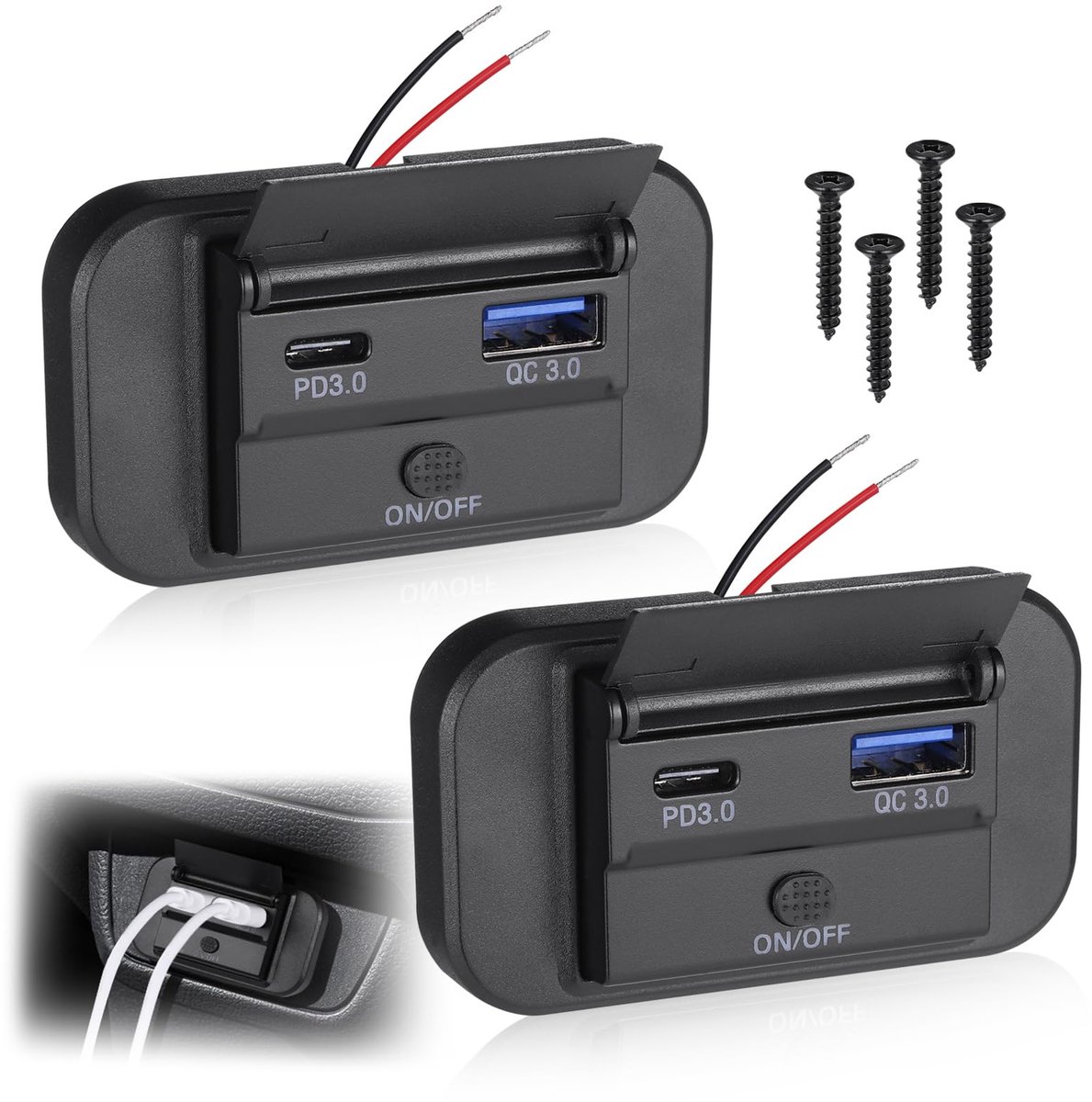 carmdering - Autolader - Snellader - Type-C - 55W PD3.0 + QC3.0, geschikt voor 12V-24V - Waterbestendige afdekking, beschermt tegen morsen - Energiebesparende aan/uit-schakelaar - Inclusief 2 stuks, ideaal voor camper, auto, boot