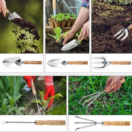 5-delige tuinset in roestvrij staal - Kleine schep plantschep handvork cultivator en onkruidverwijderaar - Antislip houten handvatten - Lichtgewicht en gemakkelijk te dragen - Ideaal voor kleinere tuinen en potten — afbeelding 5