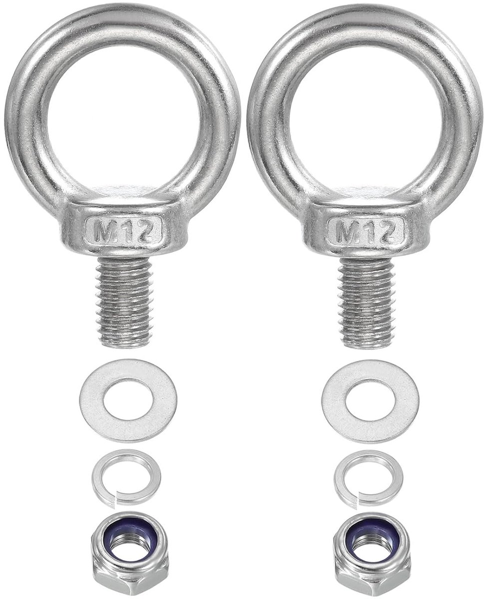 M12 x 20mm Oogschroeven met Moer - Set van 2 - 304 RVS Ophangschroeven voor Tillen - Zilver