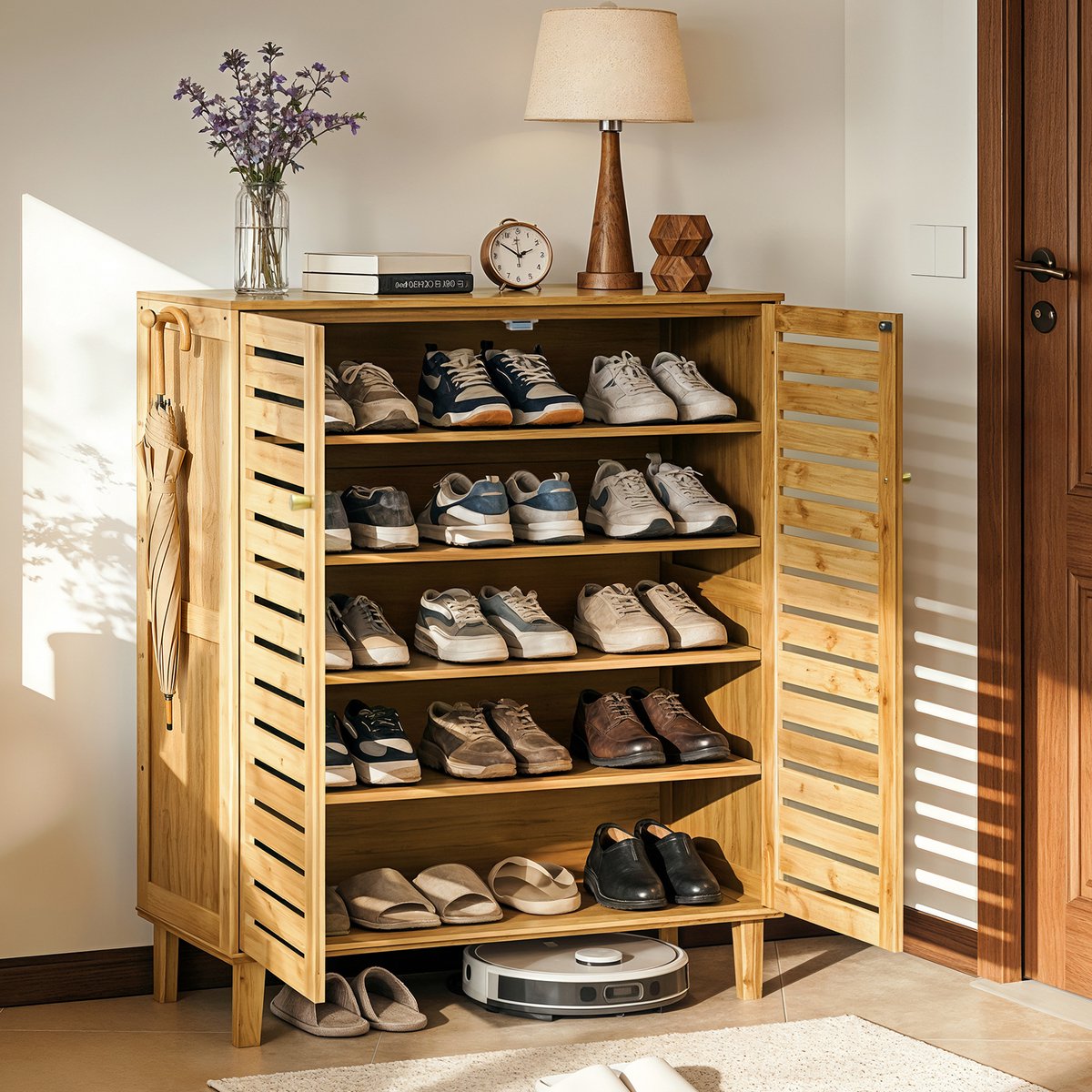 unho Bamboe Schoenenkast met 5 Niveaus - Schoenenopberger met Ventilerende Lameldeuren - Hal & Entree Kast - Natuurlijk Hout - 75x35x103 cm