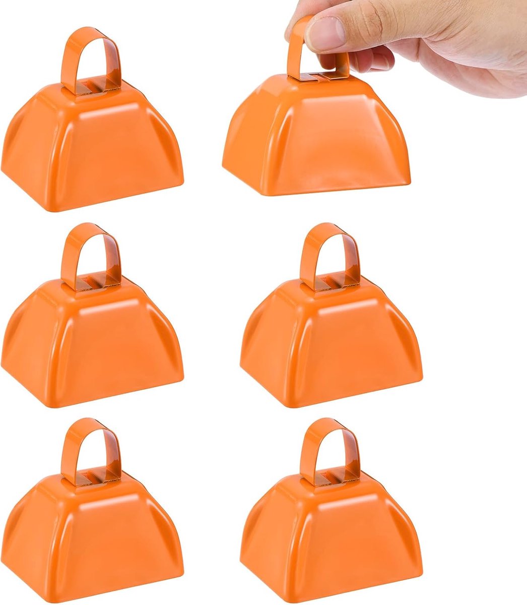 6 Pcs Cow Bells - voor Football Matches - 7.5cm Cow Bells - voor Sports Events - Bulk Sound Makers - Metal Cow Bell met Handle - voor Cheer en Wedding - Oranje