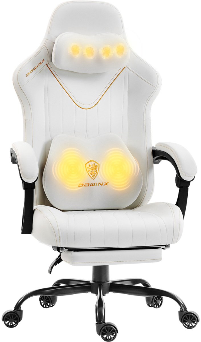 Dowinx ergonomische bureaustoel/gamingstoel – ademend echt leer – massagefunctie – met lendensteun en neksteun – met zitkussen met extra dikke veerkern – draagvermogen tot 150 kg – wit