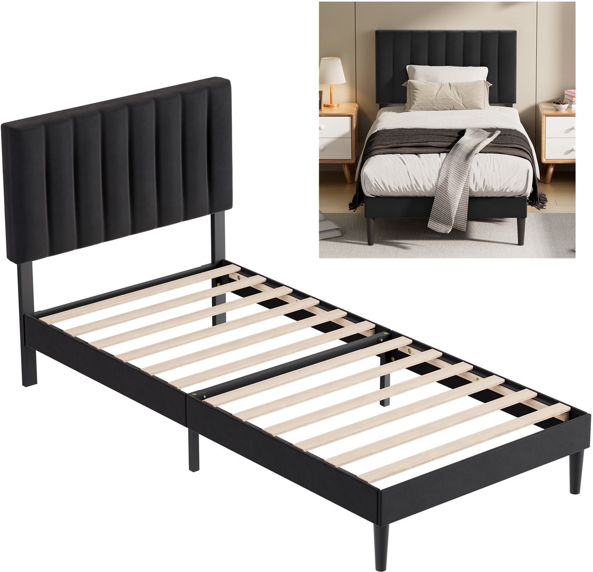 KUTAS Gestoffeerd Eenpersoonsbed 90x200 cm - Metalen Bedframe - Gestoffeerd Bed - Met Hoogte Verstelbaa Hoofdbord en Lattenbodem - Met Opbergruimte Onder Bed - Minimalistisch Bedframe - Zwart