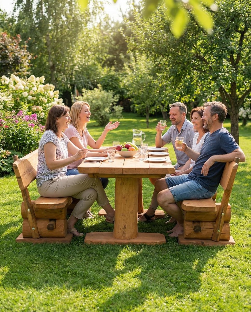 Tuinmeubelset 6 Personen 160x74x74 cm Massief Grenenhout – 2 Banken & Tuintafel – Volledig Gemonteerd – Weerbestendig Rustiek Design – Nicolehome
