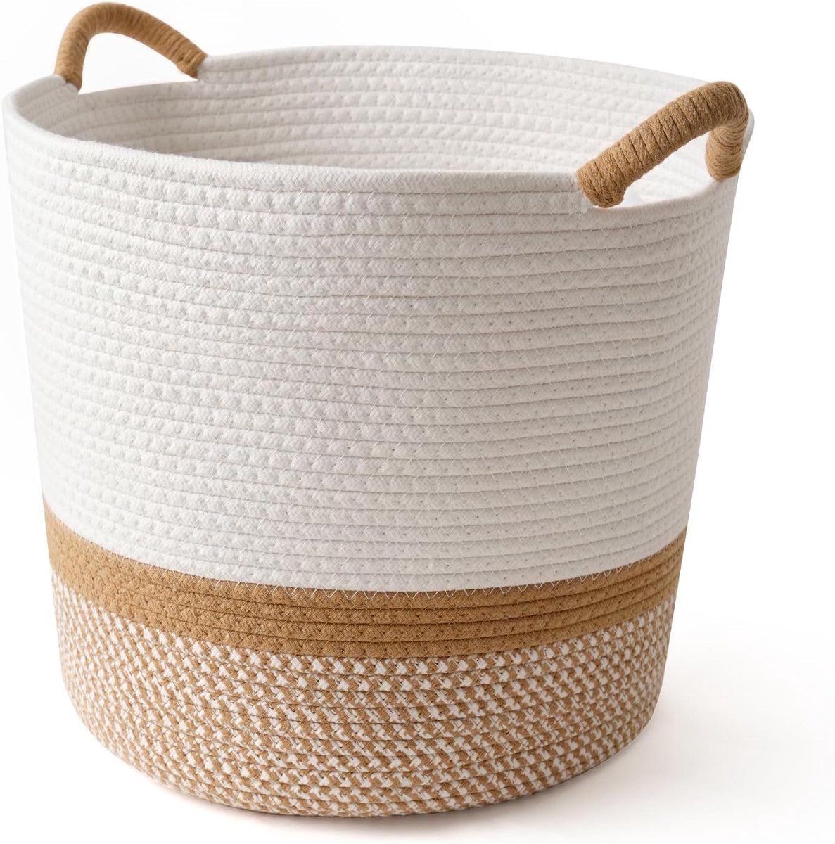 Grote wasmand van katoenen touw met hengsels, lichte draagbare gevlochten verzamelmand, speelgoed en wasmand voor badkamer, kinderkamer, woonkamer (wit, 36 x 40 cm)