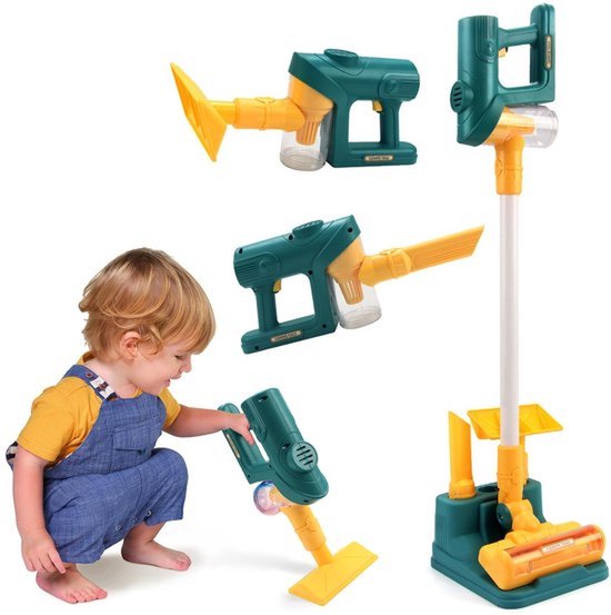 Stofzuiger speelgoed voor kinderen, levensecht speelgoed met lichtjes en muziek, stofzuigerset, klein stofzuigerspeelgoed, schoonmaakspeelgoed voor jongens en meisjes vanaf 3 jaar, groen