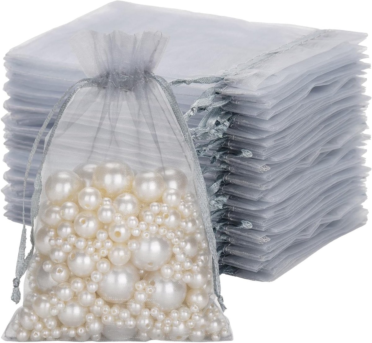 Organza Zakjes 10 x 15 cm - 50 Stuks Zilvergrijs Trekkoord Tassen voor Trouwen, Cadeaus en Snoepjes