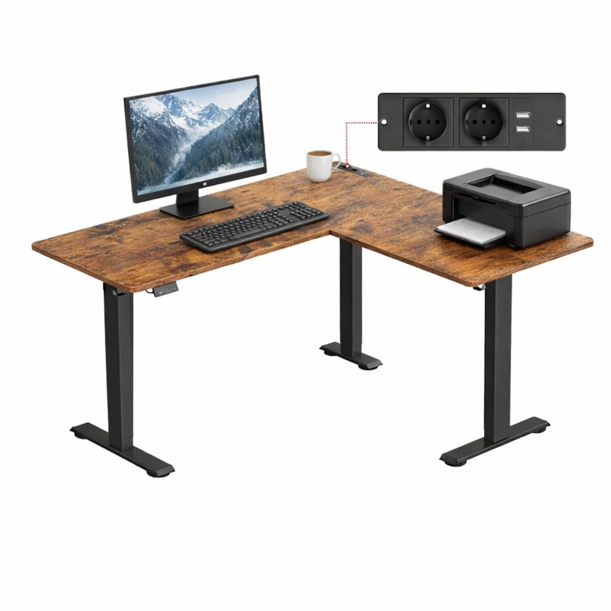 Signature Home Elektrisch Verstelbaar Bureau L-vorm 140x160 cm – Hoekbureau met Geheugenfunctie (2 standen) & Stopcontact – Zit Sta Bureau – Hoekbureau Elektrisch – Bureau Thuiswerk/Kantoor – Bruin Zwart bruin - zwart