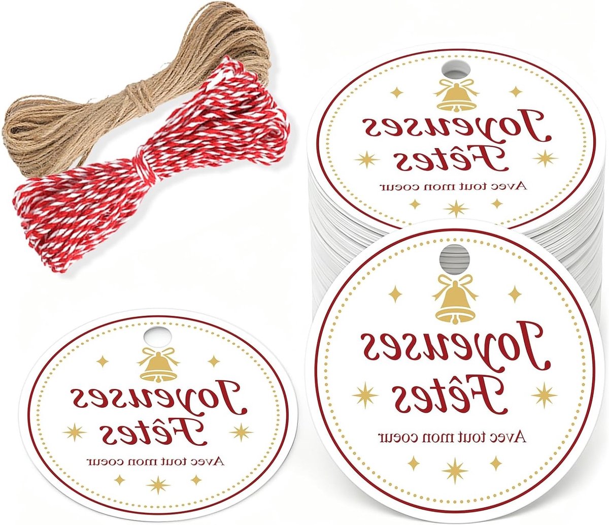 100 Stuks Gelukkige Feesttags: 5.5 cm Kerstcadeautags met Bel en Sterren voor Cadeauverpakking, Kerstboom, DIY en Winterdecoratie