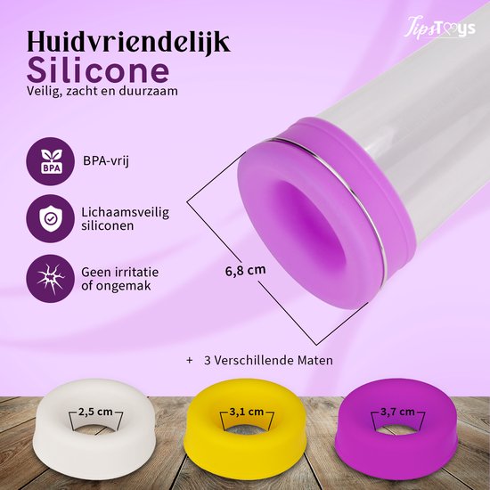 Drie verschillende maten siliconen ringen (wit, geel, paars) voor de penispomp, met afmetingen van 2,5 cm, 3,1 cm en 3,7 cm.