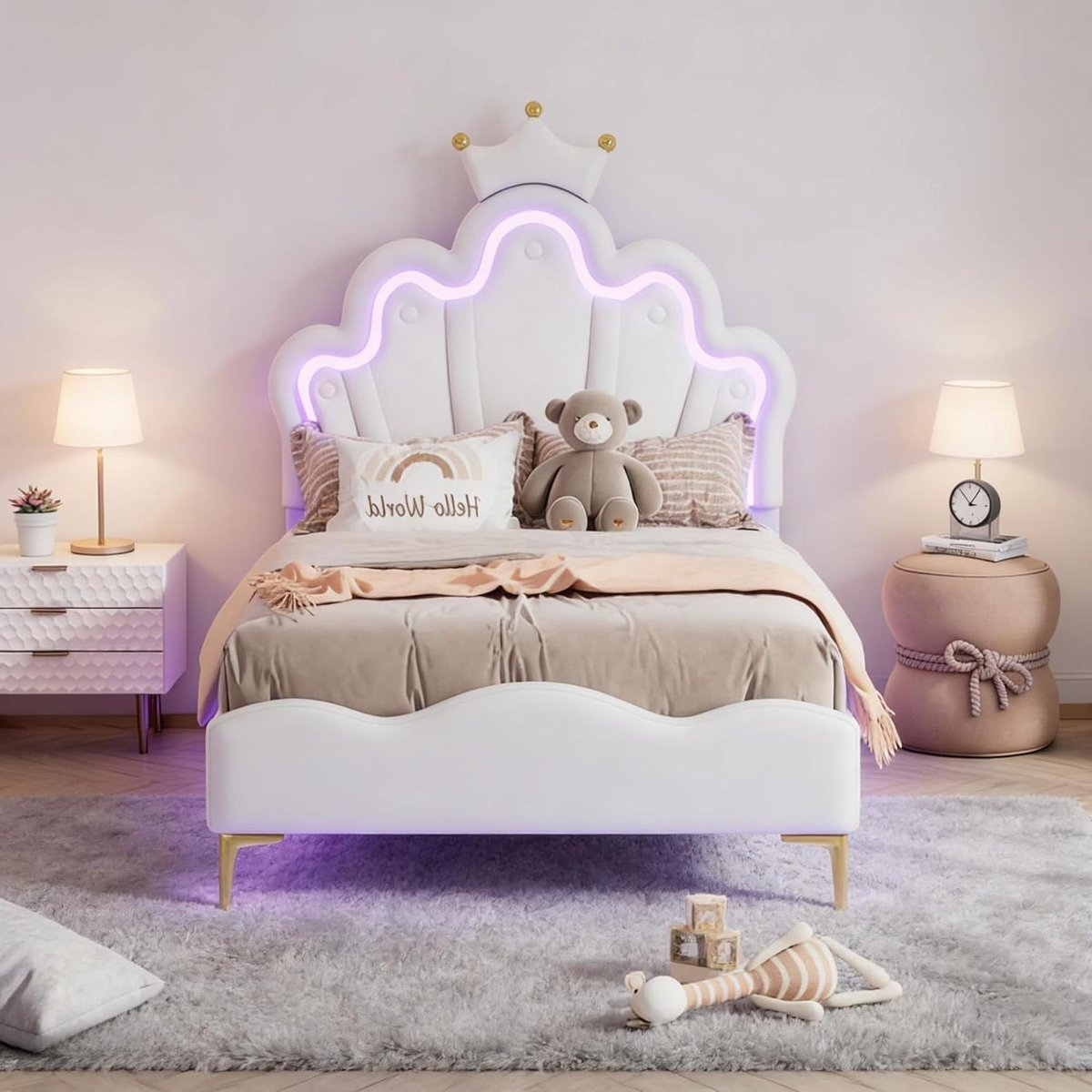 Kinderbed Gestoffeerd - Meisjesbed Prinsessenbed - Slaapkamers Inrichten - Ledverlichting Kroon - 90 x 200 cm - Wit